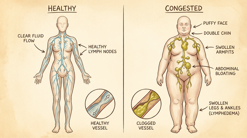 Diagram comparing healthy and congested lymph systems on a beige background.