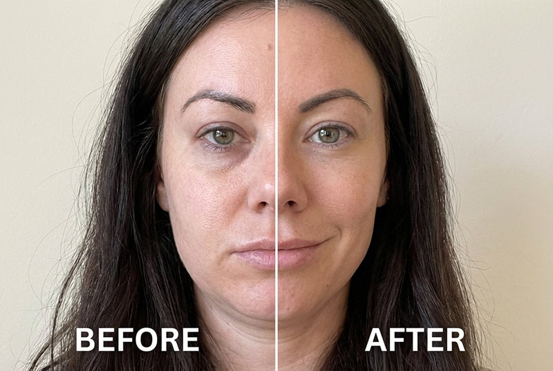 Before and after comparison of a woman's face with 'Before' on the left and 'After' on the right.